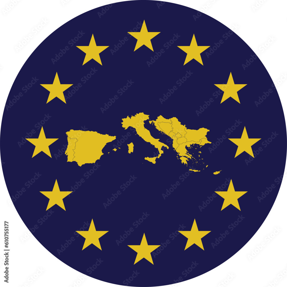 Badge of Yellow Map of South Europe countries in colors of EU flag Badge of Yellow Map of South Europe countries in colors of EU flag