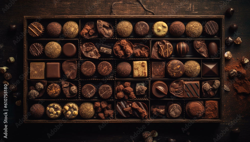 Indulgent gourmet chocolate truffle collection, a sweet temptation on table generated by AI