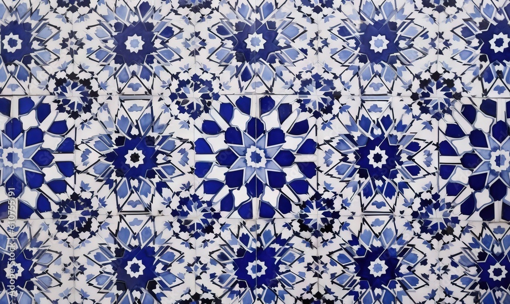  a blue and white tile wall with a pattern of flowers and leaves in the middle of the tile, with a blue and white background.  generative ai