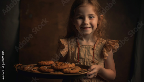 Cute Caucasian girl smiling while enjoying homemade chocolate cookie indoors generated by AI