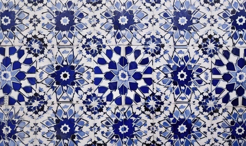  a blue and white tile wall with a pattern of flowers and leaves in the middle of the tile, with a blue and white background. generative ai