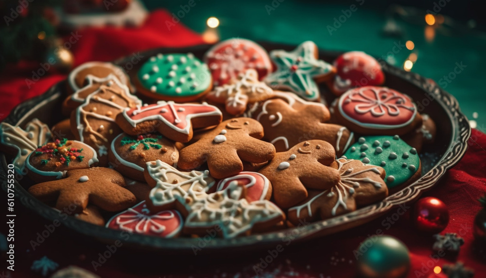 Homemade gingerbread cookies with icing and candy decorations on plate generated by AI