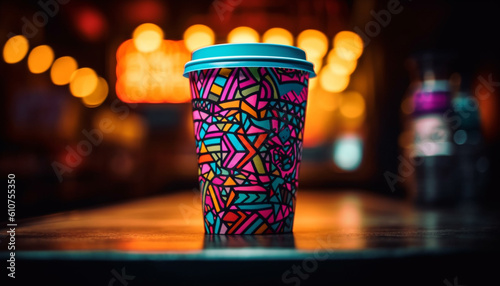 Hot drinks illuminate the night with colorful caffeine refreshment generated by AI