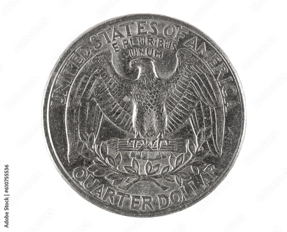 Quarter of dollar, coin isolated on white, clipping path Quarter of dollar, coin isolated on white, clipping path