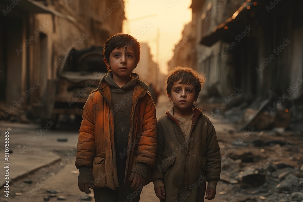 Kids standing on the street of a city destroyed by war. Ai generated.