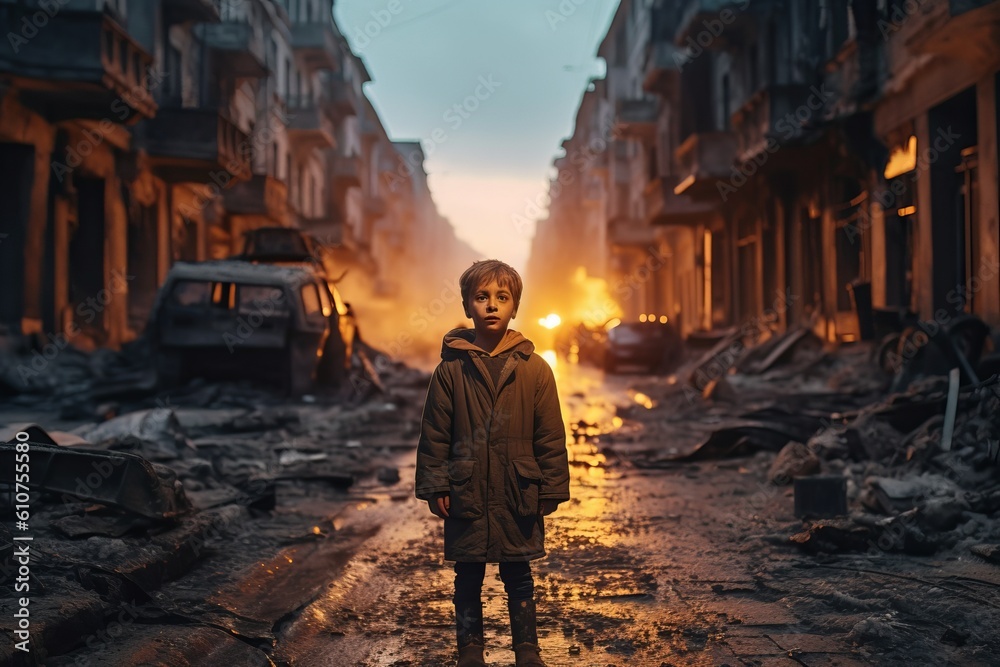 Kid walking on the street of a city destroyed by war. Ai generated.