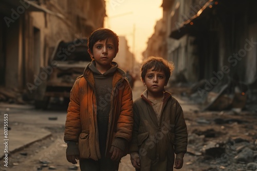 Kids standing on the street of a city destroyed by war. Ai generated.