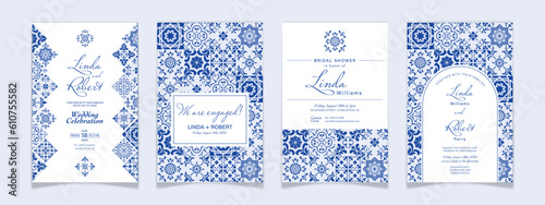 Blue Tile Wedding Invitation, bridal shower vector photo