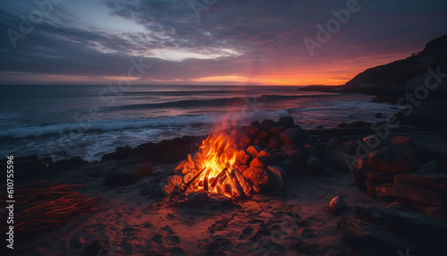 Tranquil sunset over rocky coastline, flames dance on bonfire generated by AI