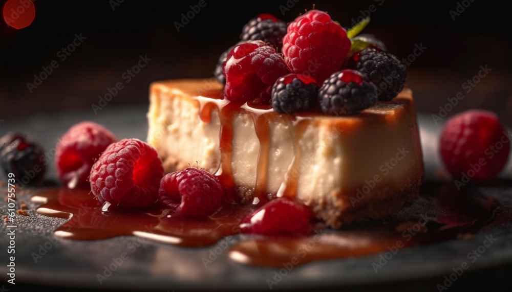 Raspberry cheesecake slice on rustic wood plate with whipped cream generated by AI Raspberry cheesecake slice on rustic wood plate with whipped cream generated by AI