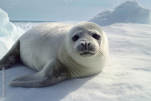 Close up of Crabeater seal lying down and eyeing camera, generative ai 