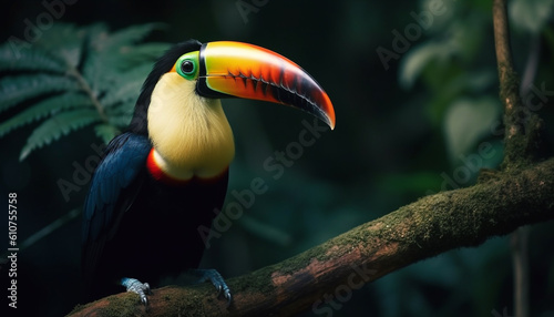 Vibrant toucan perching on branch in tropical rainforest beauty generated by AI © djvstock