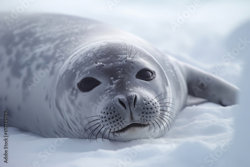 Close up of Crabeater seal lying down and eyeing camera, generative ai 