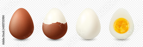 Vector 3d Realistic Brown Chicken Eggs. Textured Whole, Cracked Broken, Peeled Boiled Chicken Egg, Hard-Boiled Chicken Egg With Yolk Closeup Isolated. Eggs Isolated. Whole, Cut in Half Egg, Front View