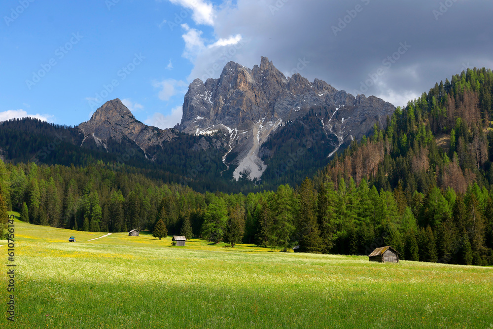 Summer landscape of Vallandro mountain, Durrenstein in the Dolomites, Italy, Europe. Dolomites in summer.	
