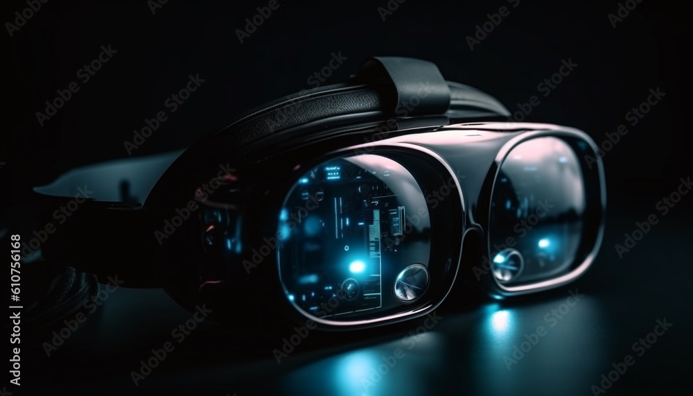 Futuristic headset with optical lens for virtual reality simulation generated by AI