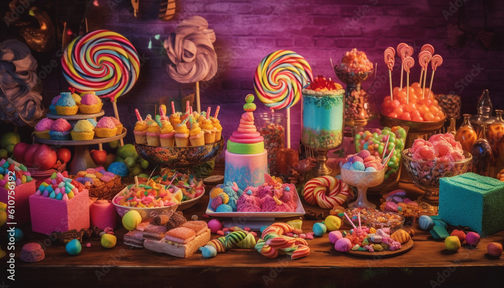 Colorful candy collection, dessert table decoration, indulgent sweet indulgence generated by AI