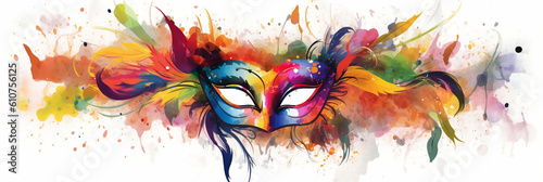 Venetian mask carnival colorful splash art masquerade mardi gras banner on white illustration, banner, generative AI photo