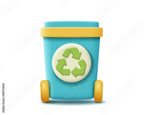 3d recycle bin vector icon. Render trash can. Sorting garbage, ecology, waste, recycle and protect environment concept. 3d rendering realistic plastic recycle bin cartoon illustration