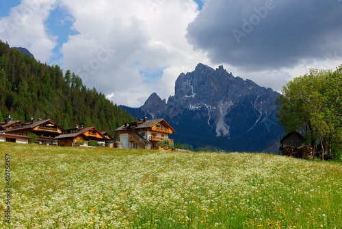 Summer landscape of Vallandro mountain, Durrenstein in the Dolomites, Italy, Europe. Dolomites in summer.	 photo