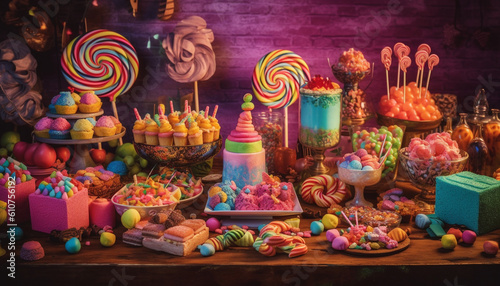 Colorful candy collection, dessert table decoration, indulgent sweet indulgence generated by AI