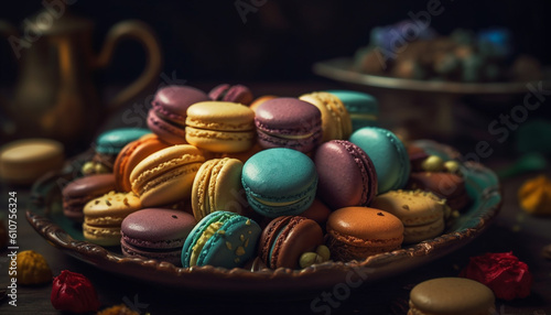 French gourmet dessert a colorful macaroon stack with raspberry decoration generated by AI