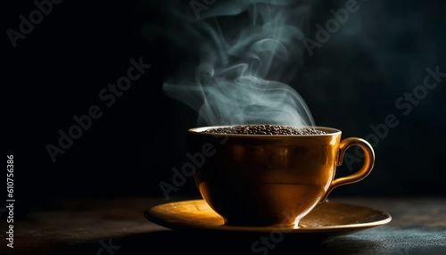 Steamy coffee cup on wooden table, a caffeine addiction indulgence generated by AI