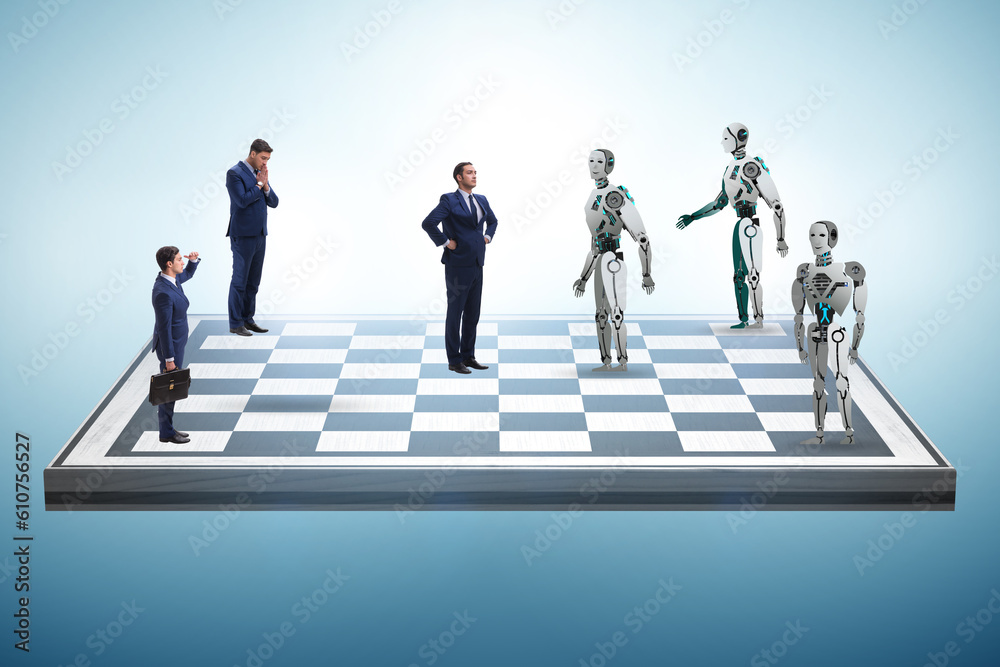 Concept of chess played by humans versus robots Concept of chess played by humans versus robots