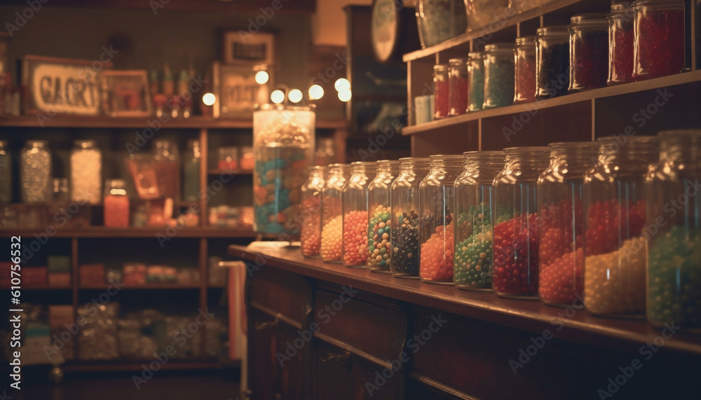 A large collection of multi colored jars on a shelf indoors generated by AI