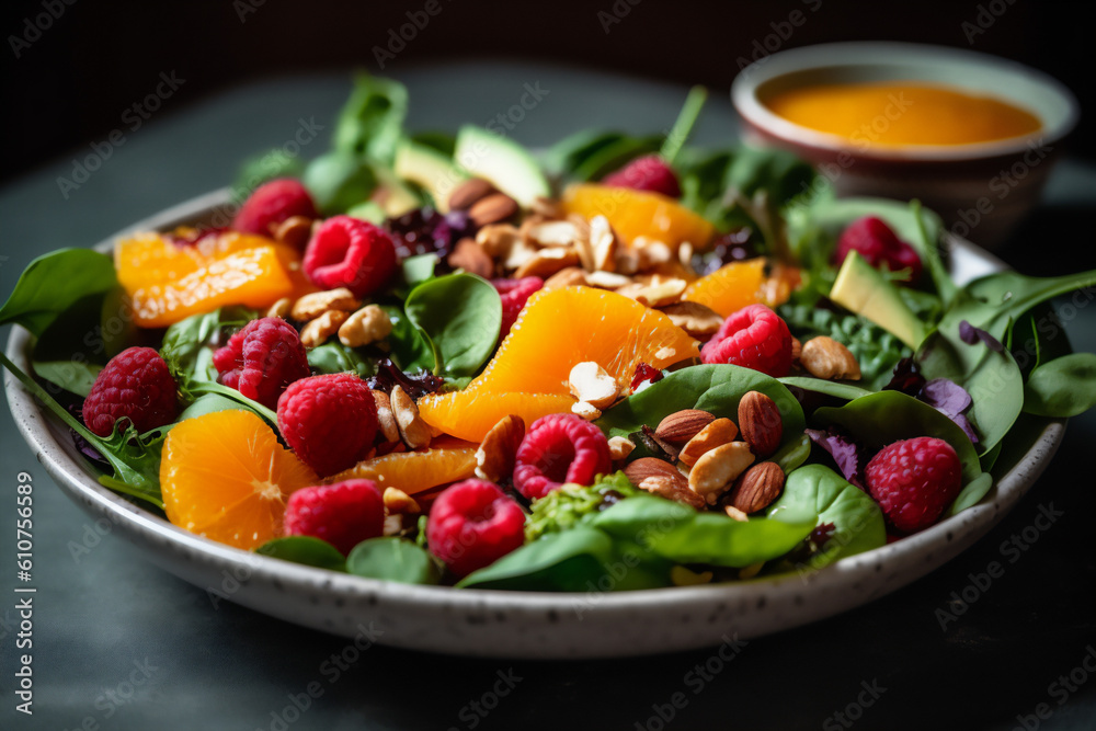 salad with fresh vegetables and fruits, topped with nuts or seeds and a homemade dressing