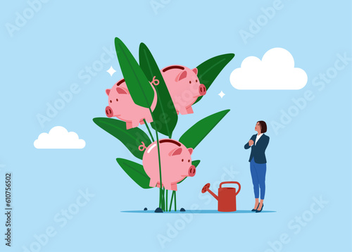 Woman finish watering growing money plant seedling with piggy bank flower. Financial and investment growth, increase earning profit, success in wealth management. Flat vector illustration