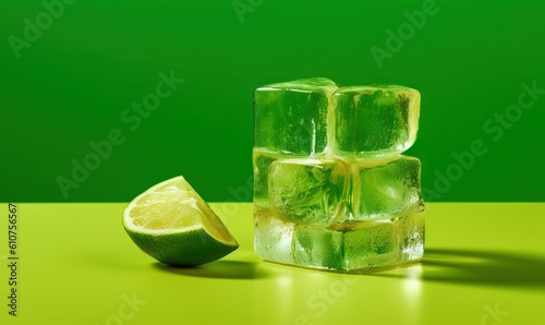  a lime and ice cubes on a green surface with a half of a lime on the side of the ice cube and a half of the ice cube. generative ai