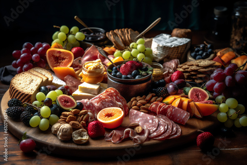 beautifully arranged charcuterie board with a variety of meats, cheeses, fruits, and crackers