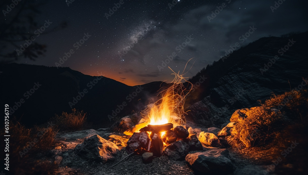 Nighttime campfire glowing in natural beauty of mountain landscape outdoors generated by AI