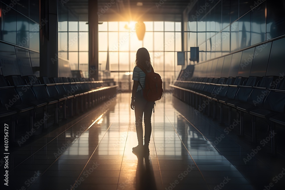 Airport, a young girl back to camera waiting flight departure. International plane, lobby, silhouette of young girl with backpack at airport terminal at sunrise or sunset time. Generative AI