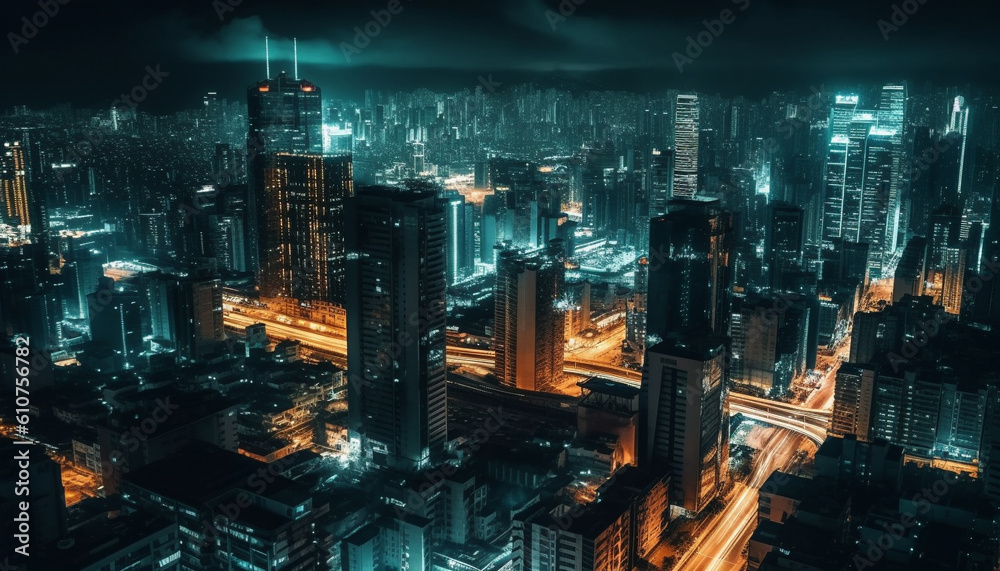 Modern city skyline illuminated by glowing street lights at dusk generated by AI