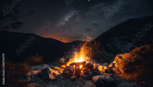 Nighttime campfire glowing in natural beauty of mountain landscape outdoors generated by AI
