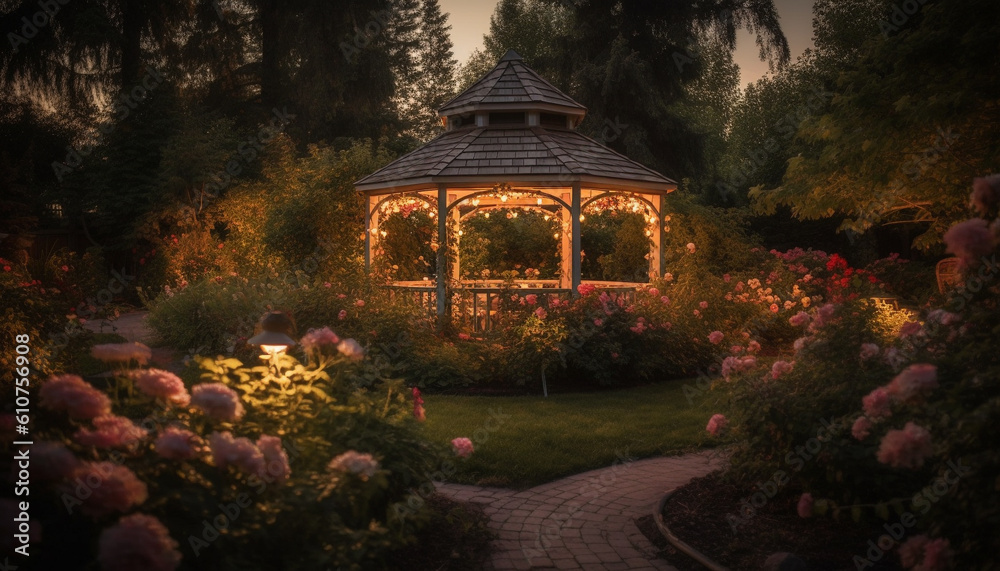 Tranquil autumn dusk illuminates beauty in nature formal garden generated by AI