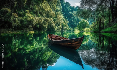  a boat floating on top of a lake next to a lush green forest covered forest filled with lots of trees on a sunny day in the middle of the day. generative ai