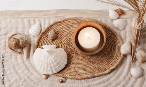  a candle and seashells on a bed with a white wall in the background and a wicker tray with shells on it and a candle holder. generative ai