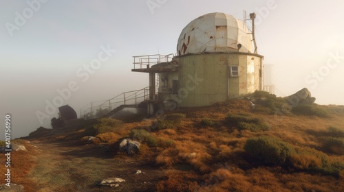 Observatory on a remote mountaintop, now abandoned and engulfed by fog, with broken telescopes and weathered equipment