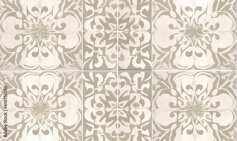 a tile pattern with a flower design on the side of it, in shades of gray and white, on a beige background, with a white border. generative ai a tile pattern with a flower design on the side of it, in shades of gray and white, on a beige background, with a white border. generative ai