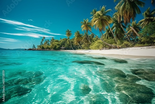 Beautiful untouched tropical beach with white sand, palm trees, turquoise ocean against blue sky with clouds on sunny summer day. Perfect landscape paradise for relaxing vacation. Generative AI 