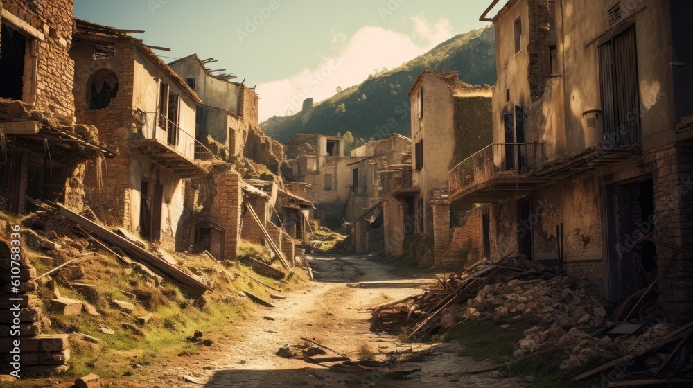 Picturesque village that has fallen into ruin, with collapsed houses, broken fences, and a sense of melancholy Picturesque village that has fallen into ruin, with collapsed houses, broken fences, and a sense of melancholy