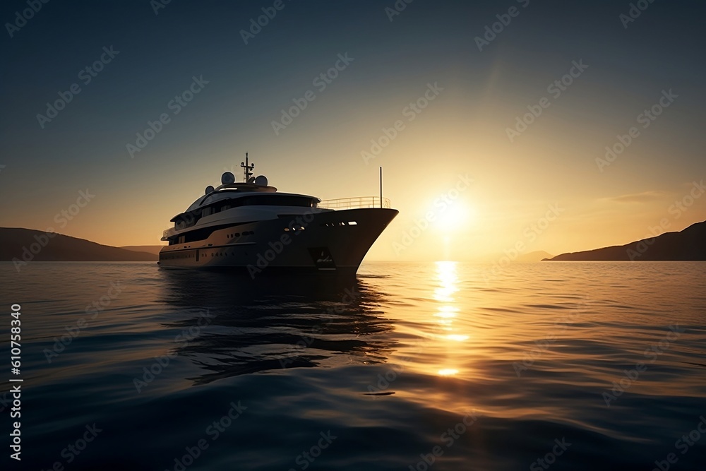 Fast luxury white private motor yacht sailing at sunset pure blue clear sea ocean waters, used for renting and having good adventure travels. Sailing boat in tropical island. Generative AI Technology