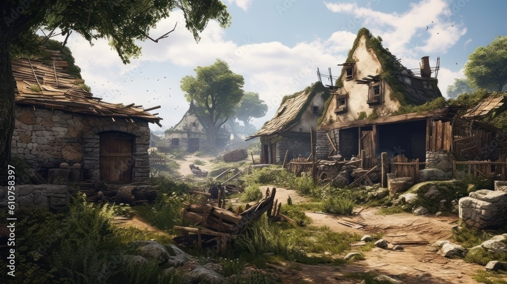 Picturesque village that has fallen into ruin, with collapsed houses, broken fences, and a sense of melancholy Picturesque village that has fallen into ruin, with collapsed houses, broken fences, and a sense of melancholy