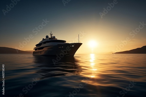 Fast luxury white private motor yacht sailing at sunset pure blue clear sea ocean waters, used for renting and having good adventure travels. Sailing boat in tropical island. Generative AI Technology © Valeriia