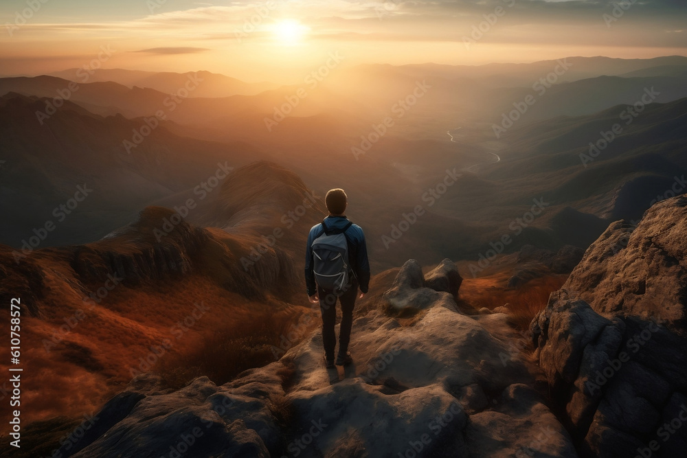 A male boy hiker traveler man stands at the summit of a mountain chase looking at a beautiful stunning amazing view of the ocean sunrise or sunset. Freedom and travel concept. Generative AI Technology