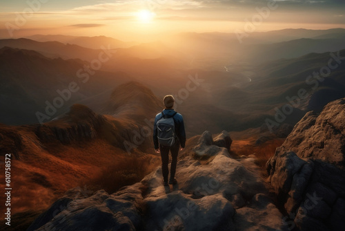 A male boy hiker traveler man stands at the summit of a mountain chase looking at a beautiful stunning amazing view of the ocean sunrise or sunset. Freedom and travel concept. Generative AI Technology © Valeriia