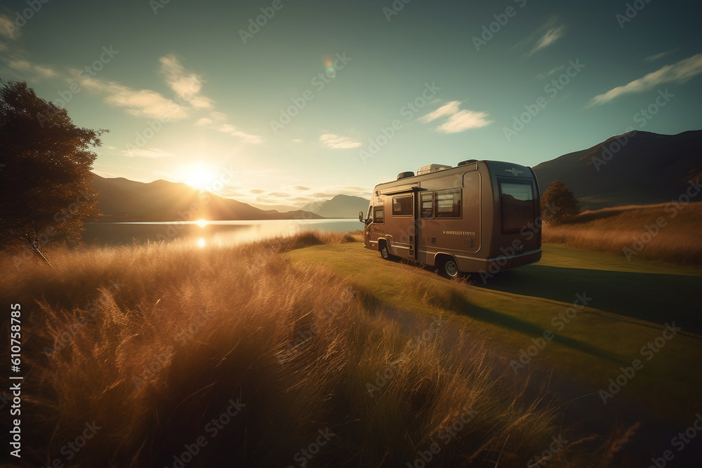 Motor home caravan camping car RV driving through beautiful mountain landscape of pure lake in a sunset or sunrise time. Spending time in recreation vehicle van nature concept. Generative AI
